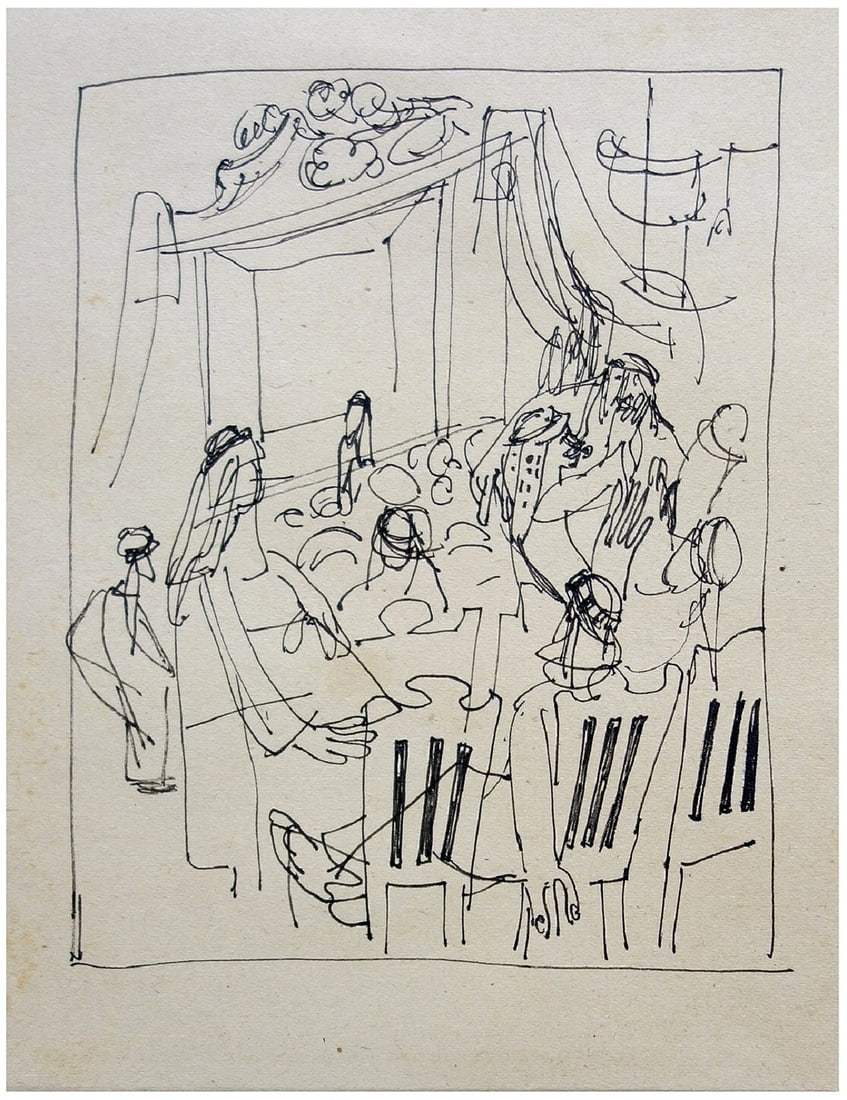 Edward Matuszczak (Polish - French, 1906 - 1965): Figures in a theater in the Old City of Jerusalem, Ink on paper, 19 x 15 cm, Unsigned (COA will be issued by Yair Art Gallery, Tel Aviv)