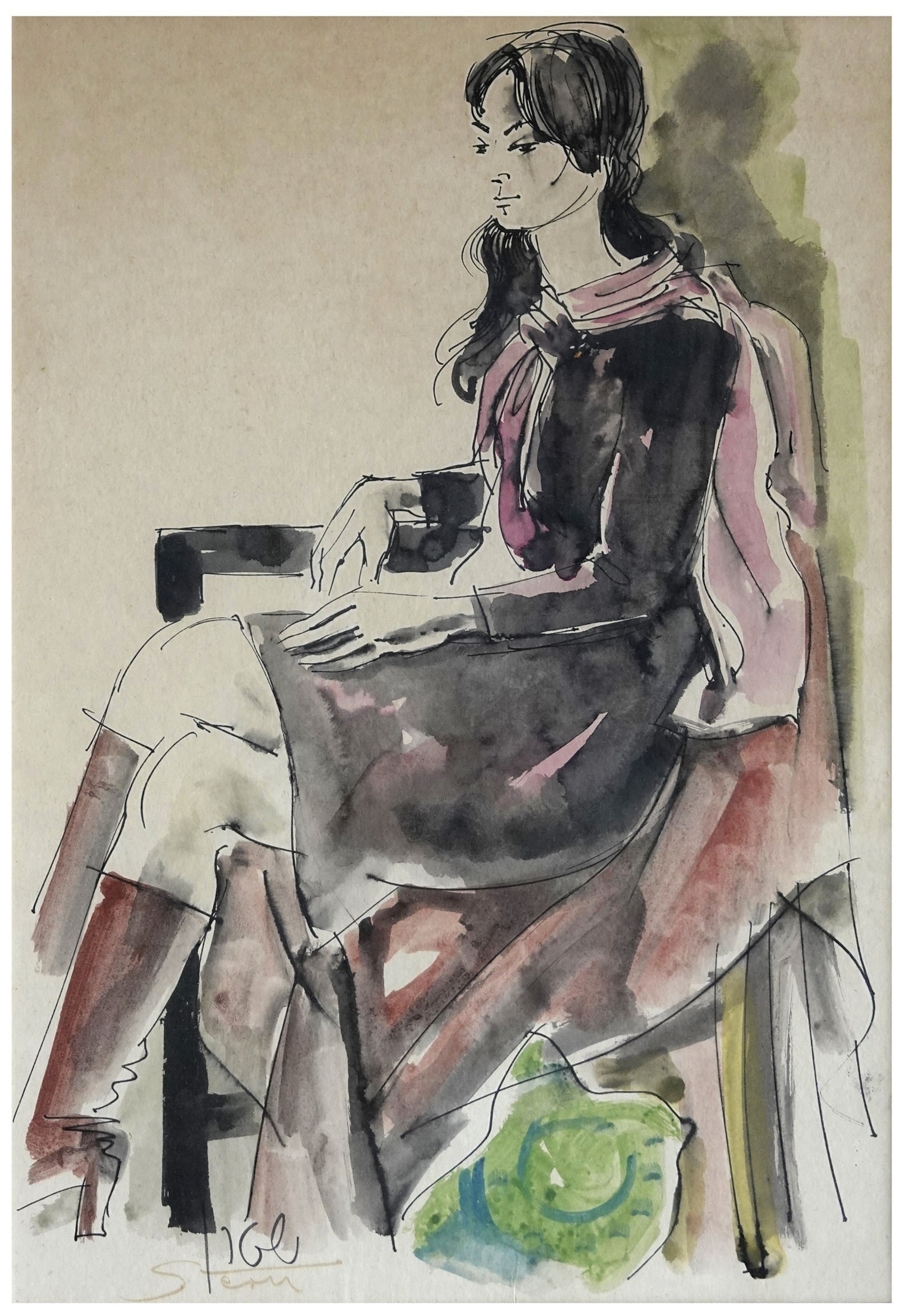 Yossi Stern (Israeli, 1923-1992): Seated girl in a pink scarf, Watercolor and ink on paper, 46 x 32 cm, Signed