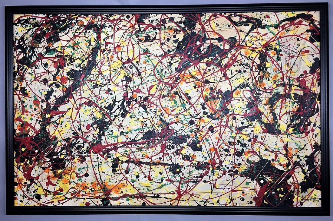 Paul Jackson Pollock Oil on canvas: Private Collection 23" x 36" (Attrib.) With Certificate and Provenance January 28, 1912 August 11, 1956), known professionally as Jackson Pollock, was an American painter and a major figure in the abs