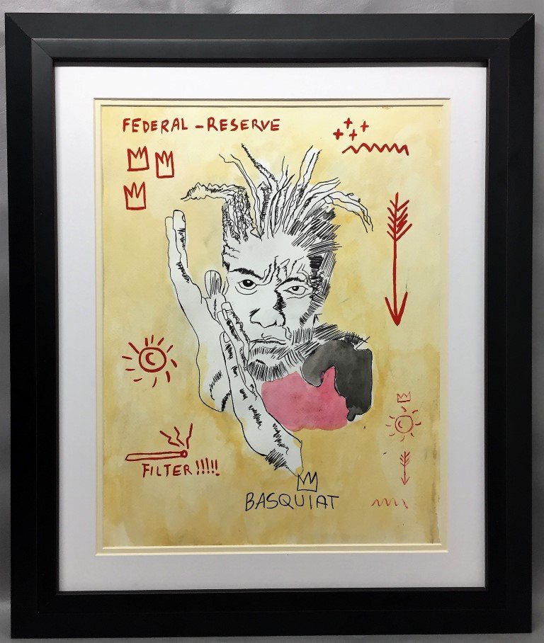 Jean-Michel Basquiat Mixed Media on paper: Private Collection 18"x14" (Attrib.) With Attrib Certificate & Provenance 1960-1988 was an American artist. Born in Brooklyn to a Haitian father and Puerto Rican mother, Basquiat first achieved notori