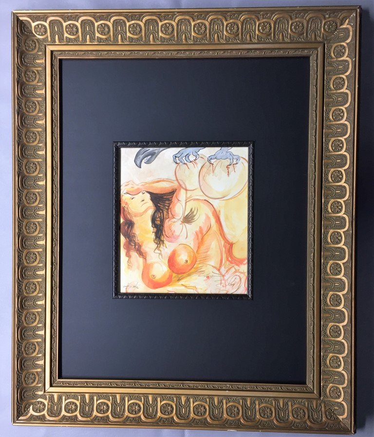 Salvador Dali Watercolor on paper: Private Collection 9"x 8" (Attrib.) With Attrib Certificate & Provenance Salvador Dali 1904 - 1989 Catalan,Spanish, was a prominent Spanish surrealist painter born in Figueres, Catalonia, Spain. (Cond