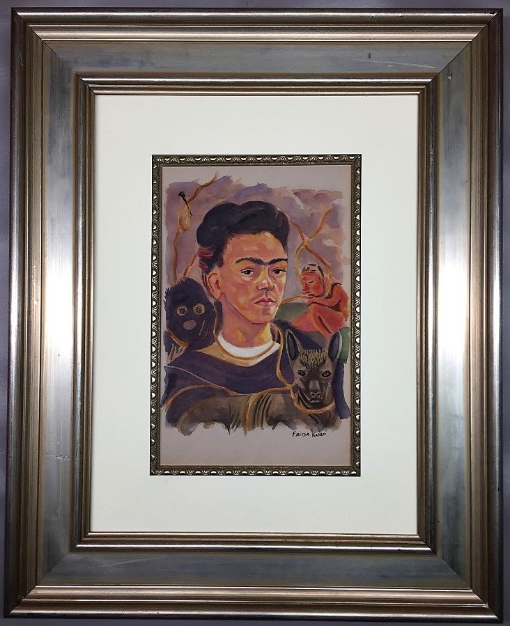 Frida Kahlo Watercolor on paper: Private Collection 12" x 8" (Attrib.)With Attrib Certificate & Provenance Frida Kahlo de Rivera 1907 - 1954 born Magdalena Carmen Frida Kahlo y Calderon was a Mexican painter known for her self-portra