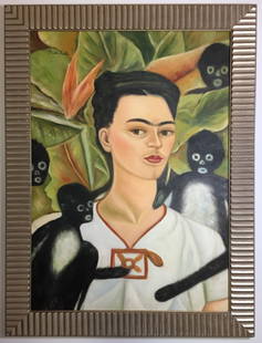 Frida Kahlo Oil on canvas: Private Collection 27" x 19.25" (Attrib.)With Certificate Frida Kahlo de Rivera 1907 - 1954 born Magdalena Carmen Frida Kahlo y Calderon was a Mexican painter known for her self-portraits. (Condition