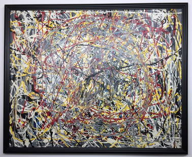 Jackson Pollock Oil on canvas: Private Collection 22" x 27.25" Attrib. with certificate Paul Jackson Pollock was an American painter and a major figure in the abstract expressionist movement. He was well known for his unique style