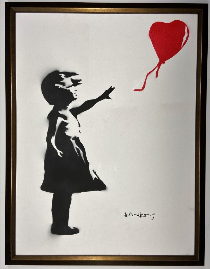Banksy Signed Spray paint on canvas: Private Collection 24" x 18" Banksy Signed Spray paint on canvas, Banksy is an anonymous England-based graffiti artist, political activist and film director of unverified identity. Their satirical str