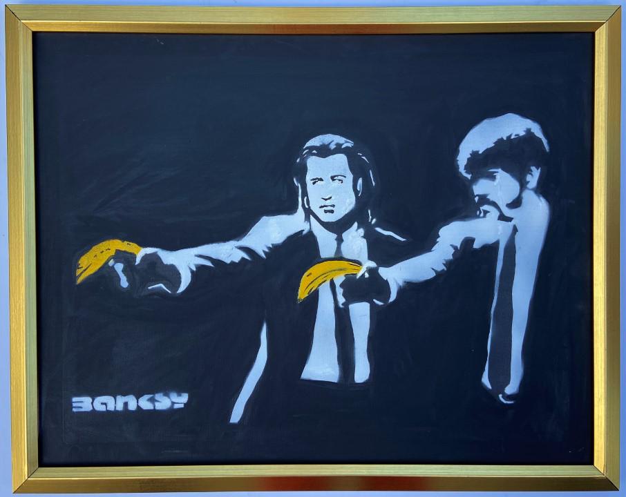 Banksy Spray paint on canvas: Private Collection 22" x 28" Banksy is an anonymous England-based graffiti artist, political activist and film director of unverified identity. Their satirical street art and subversive epigrams combi