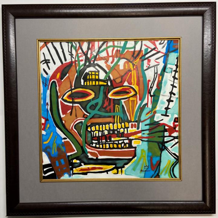 Jean Michel Basquiat Mixed Media: Private Collection 17" x 17" Attrib. with certificate. Jean-Michel Basquiat was an American artist of Haitian and Puerto Rican descent. Basquiat first achieved fame as part of SAMO, an informal graffi