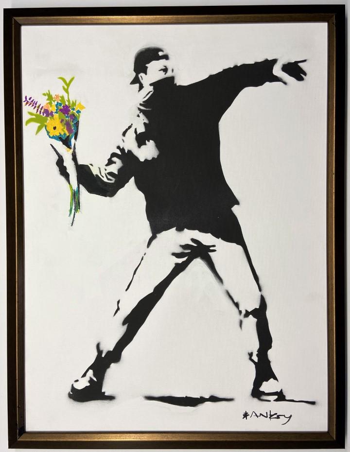 Banksy Spray paint on canvas: Private Collection 24" x 18" Attrib. Banksy is an anonymous England-based graffiti artist, political activist and film director of unverified identity. Their satirical street art and subversive epigra