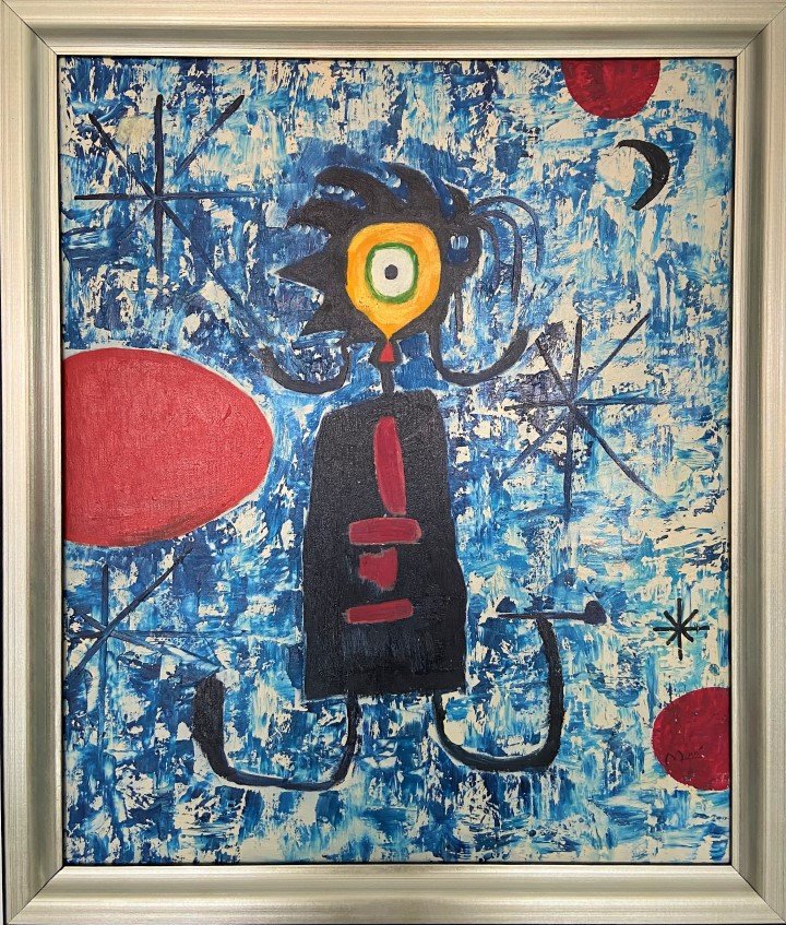 Joan Miro Oil on Canvas: Private Collection 24" x 20" Attrib. with certificate. Born into a family of a goldsmith and a watchmaker, Miró grew up in the Barri Gòtic neighborhood of Barcelona. The Miró surname indicates Jewi