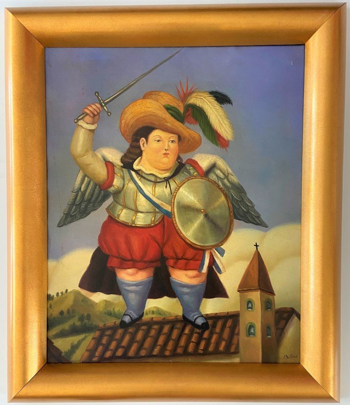 Fernando Botero oil on canvas: Private Collection 23.5" x 19.25" Attrib. with certificate. Fernando Botero Angulo is a Colombian figurative artist and sculptor, born in Medellín. His signature style, also known as "Boterismo", dep