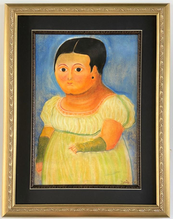 Fernando Botero mixed media: Private Collection 18" x 12.25" Attrib. with certificate. Fernando Botero Angulo is a Colombian figurative artist and sculptor, born in Medellín. His signature style, also known as "Boterismo", depic