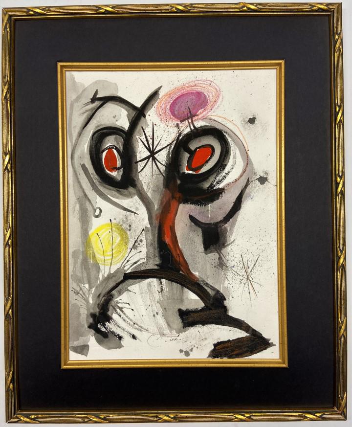 Joan Miro watercolor: Private Collection 12" X 9" Attrib. with certificate. Born into a family of a goldsmith and a watchmaker, Miró grew up in the Barri Gòtic neighborhood of Barcelona. The Miró surname indicates Jewis
