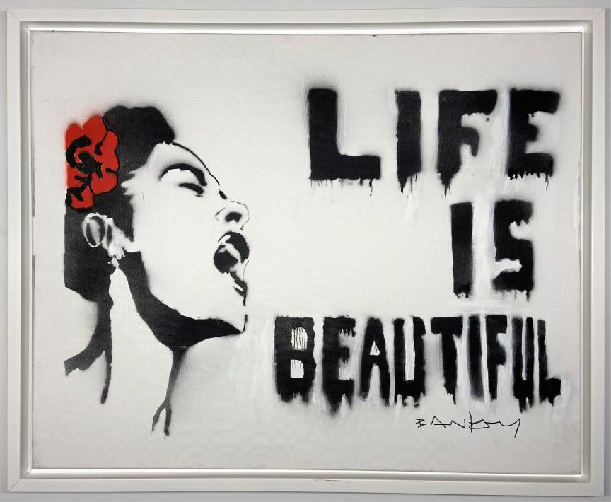 Banksy Spray paint on canvas Frida Kahlo: Private Collection 24" x 30" Banksy is an anonymous England-based graffiti artist, political activist and film director of unverified identity. Their satirical street art and subversive epigrams combi