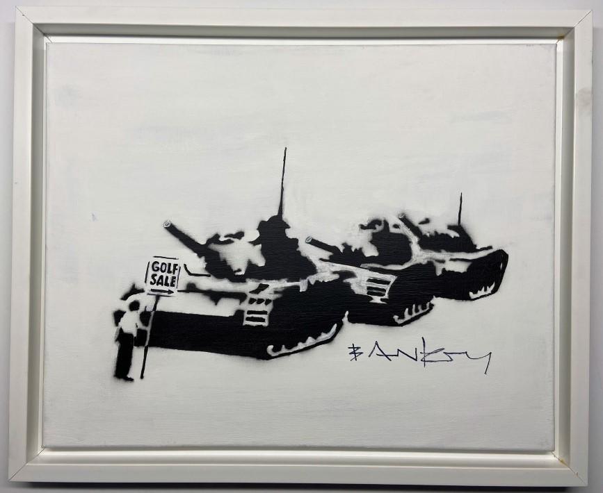Banksy Spray paint on canvas: Private Collection 16" x 20" Banksy is an anonymous England-based graffiti artist, political activist and film director of unverified identity. Their satirical street art and subversive epigrams combi