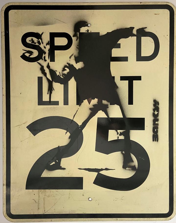 Banksy Spray paint over original sign: Private Collection. Banksy is an anonymous England-based graffiti artist, political activist and film director of unverified identity. Their satirical street art and subversive epigrams combine dark h