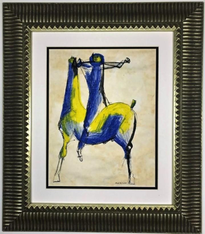 Marino Marini Mixed Media on Paper: Private Collection 14" x 11" Attrib. with Certificate. He attended the Accademia di Belle Arti in Florence in 1917. Although he never abandoned painting, Marini devoted himself primarily to sculpture 