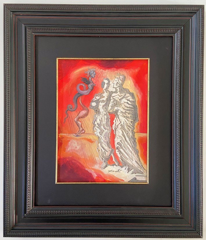 Salvador Dali watercolor: Private Collection 13.25" x 9.25" Attrib. with certificate. Born in Figueres, Catalonia, Dalí received his formal education in fine arts at Madrid. Influenced by Impressionism and the Renaissance mas