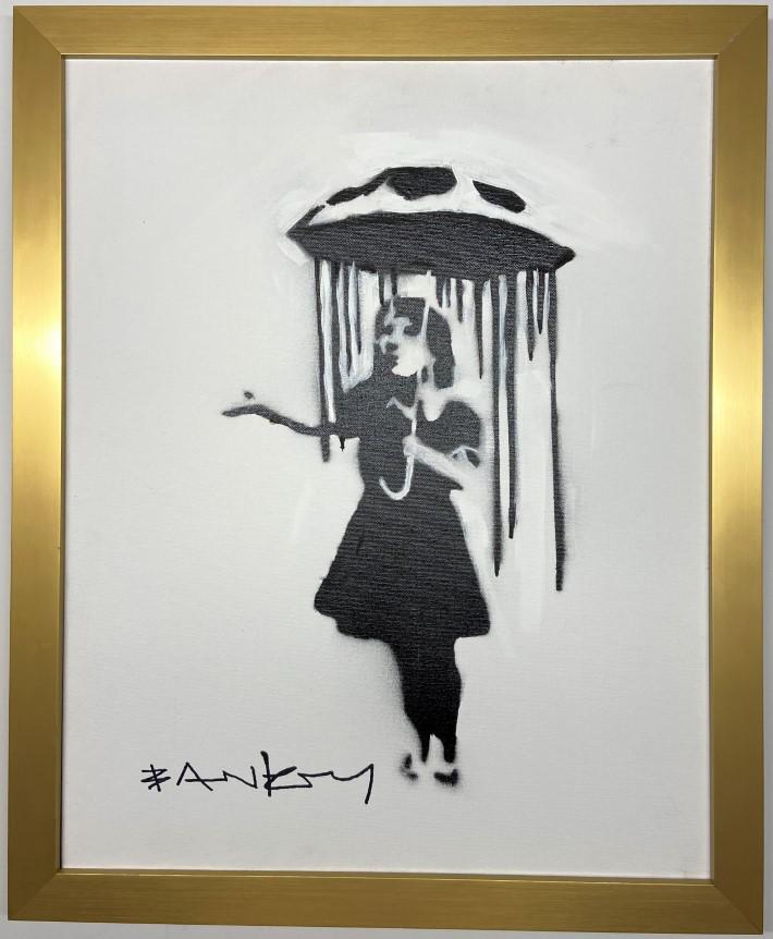 Banksy Spray paint on canvas: Private Collection. 20"x 16" Banksy is an anonymous England-based graffiti artist, political activist and film director of unverified identity. Their satirical street art and subversive epigrams combi
