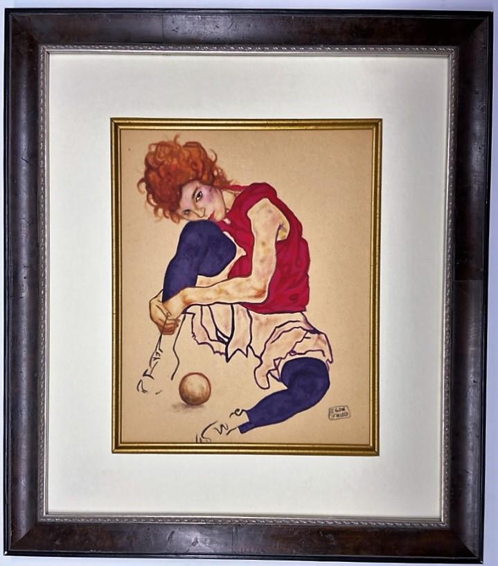 Egon Schiele Drawing: Private Collection 11.75" x 9" Attrib. with certificate. Egon Schiele was an Austrian painter. A protégé of Gustav Klimt, Schiele was a major figurative painter of the early 20th century. His work i