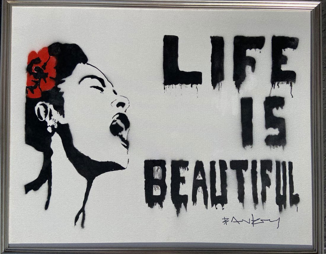 Banksy Spray paint on canvas Frida Kahlo: Private Collection 24" x 30" attributed to Banksy is an anonymous England-based graffiti artist, political activist and film director of unverified identity. Their satirical street art and subversive