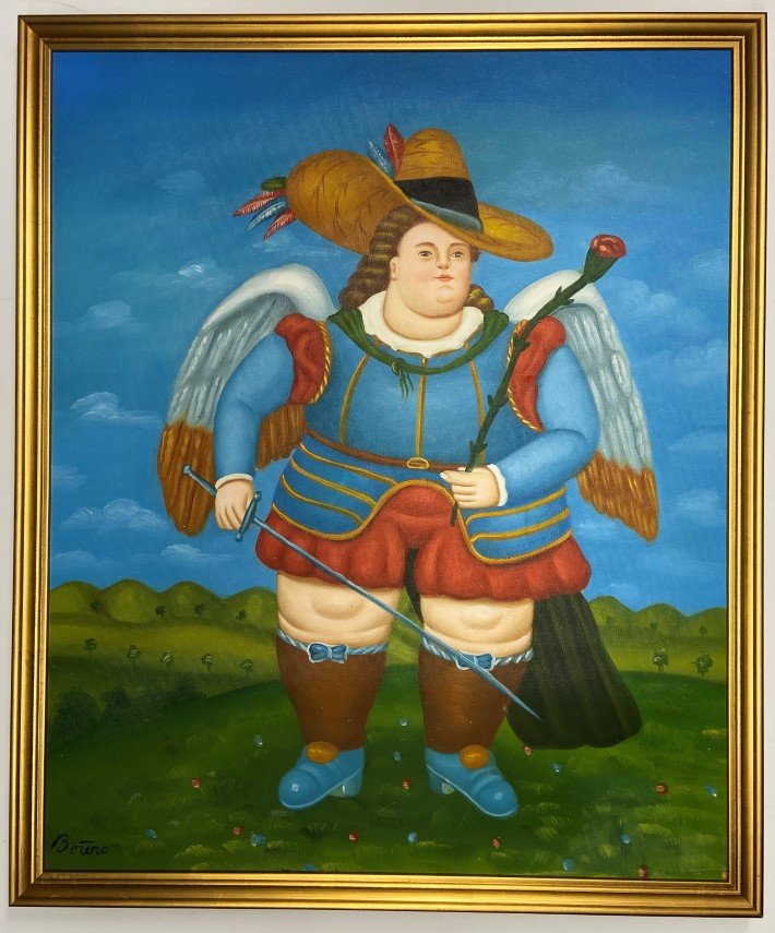 Fernando Botero Oil on Canvas: Private Collection 23_" x 19" Attrib. with certificate. Fernando Botero Angulo is a Colombian figurative artist and sculptor, born in Medellin His signature style, also known as "Boterismo", depicts p