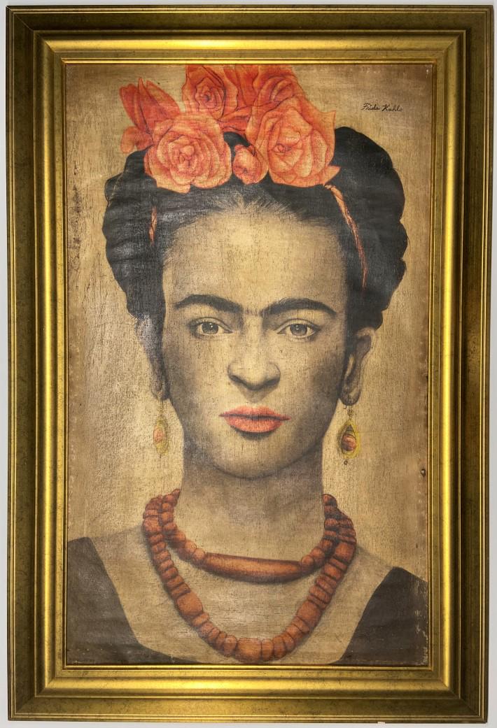 Frida Kahlo Oil on canvas: Private Collection 32" x 20" this lot comes accompanied with a certificate, it's not a print, this is a unique piece, style of Frida Kahlo. Kahlo was a Mexican painter known for her many portraits, se