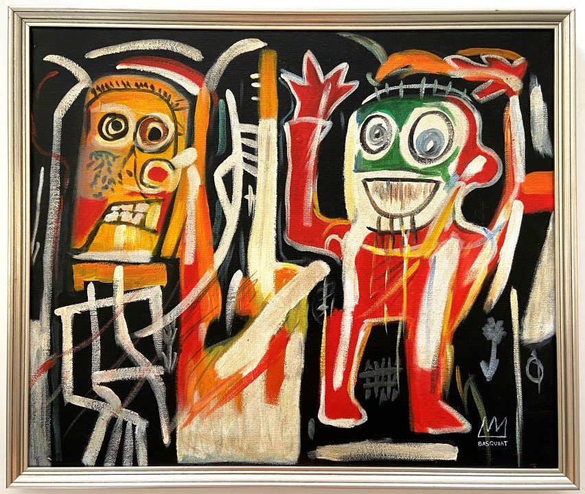 Jean Michel Basquiat Oil on Canvas: Jean Michel Basquiat appears in lower right. Attribute to Jean Michel Basquiat Technique: Oil Measures: 24 x20 inches Image size Medium: Canvas Provenance: Private Collection. Lived between (Dec1960 -