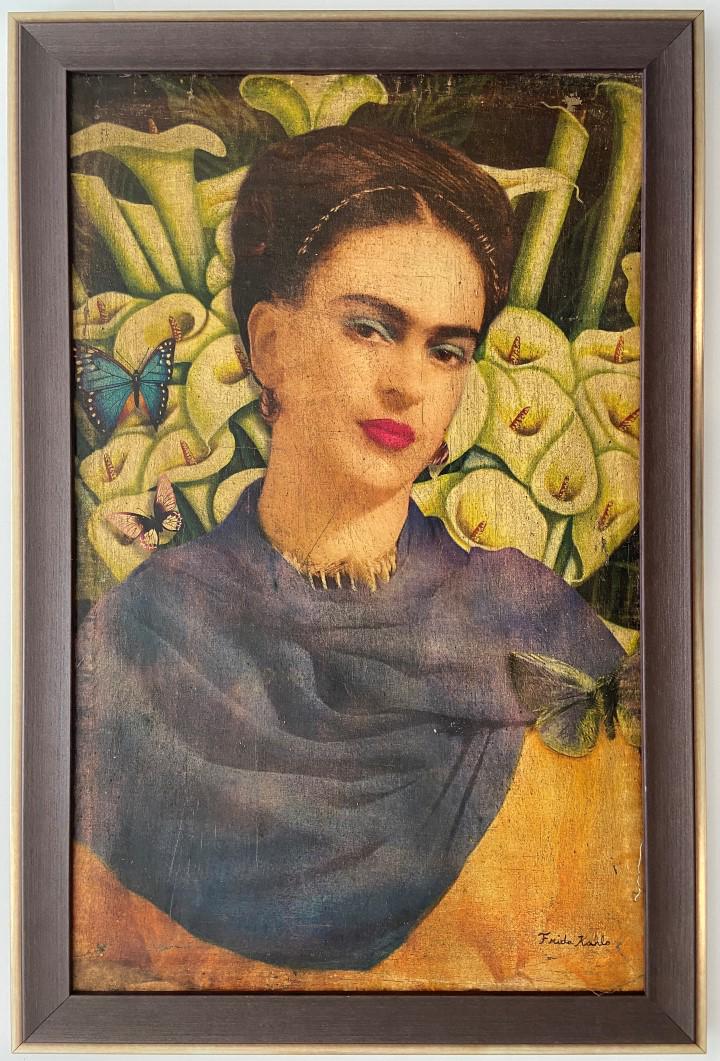 Frida Kahlo Oil on Canvas: Frida Kahlo appears in the lower right. Attribute to Frida Kahlo Technique: Oil Measures: Medium: Canvas Image size Inches. Provenance: Private Collection. Lived between(July 1907 - July 1954) Magdale
