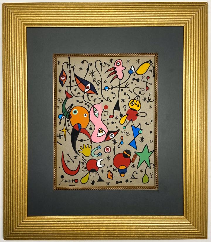Joan Miro Watercolor: Joan Miro appears in Lower center left. Attribute to Joan Miro Technique: Watercolor Measures: 16.25 x 12 inches Image size Medium: paper. Provenance: Private Collection. Lived between (April 1893 - D