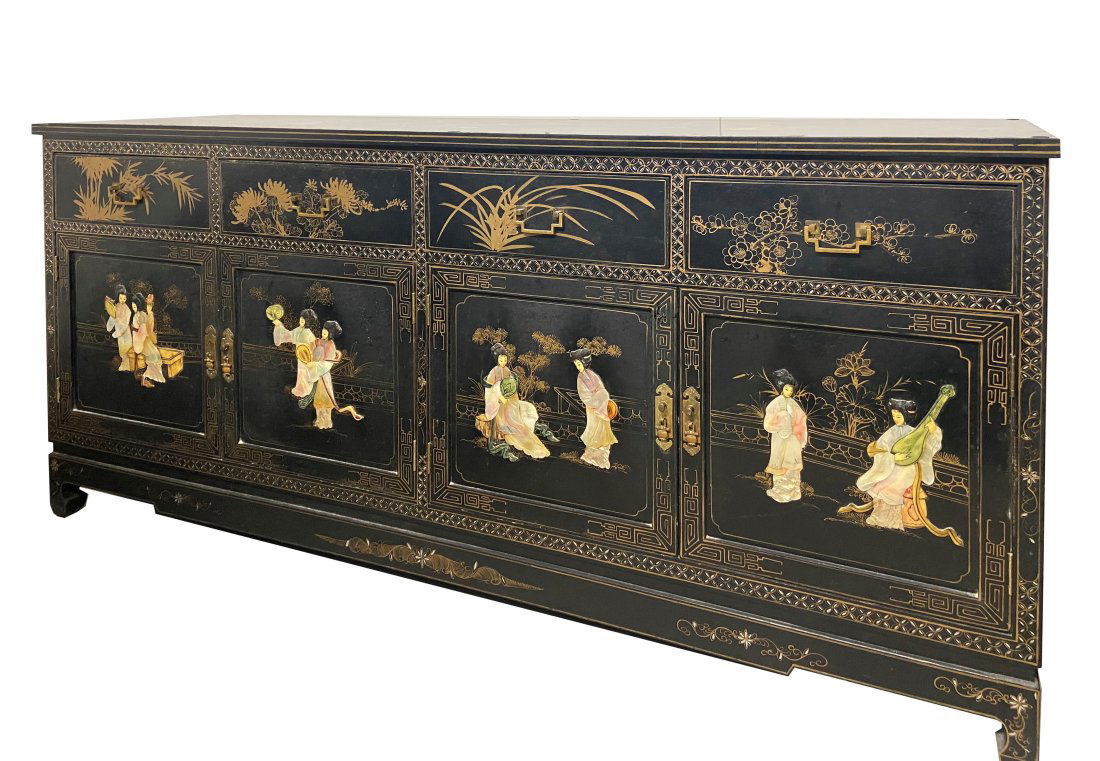 Black Lacquer Server Mother of Pearl: Exquisite dining room server in rich black lacquer with tortoise shell gold borders. This sixty-inch cabinet is hand painted and inlaid with mother of pearl. Masterly painted in a Asian palace scene w