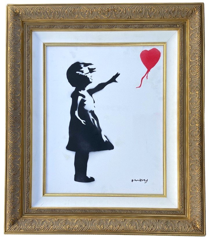 Banksy Spray Paint on Canvas: Private Collection Banksy Private Collection Banksy appears in lower right. Attribute to Banksy Technique: Spray Paint Measures: 20 x 16 inches Image size Medium: Canva . Provenance: Private Collectio