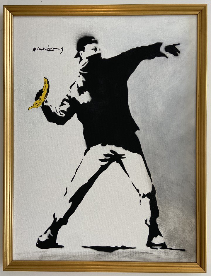 Banksy Spray Paint on Canvas: Private Collection Banksy Private Collection Banksy appears in lower right. Attribute to Banksy Technique: Spray Paint Measures: 20 x 16 inches Image size Medium: Canva . Provenance: Private Collectio