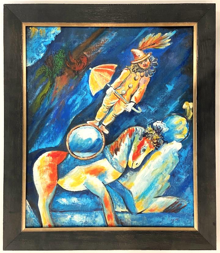 Marc Chagall Oil on canvas: Marc Chagall appears in lower right. Attribute to Marc Chagall Technique: Oil Mixed Media Measures: 24.50 x 20.50 inches Image size Medium: Canvas. Provenance: Private Collection. Lived between (Jul 1