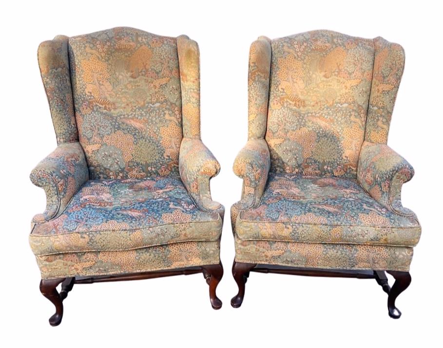 Pair of wingback  Armchair with Japanese Animal Decorative Print Fabric (1 of 16)