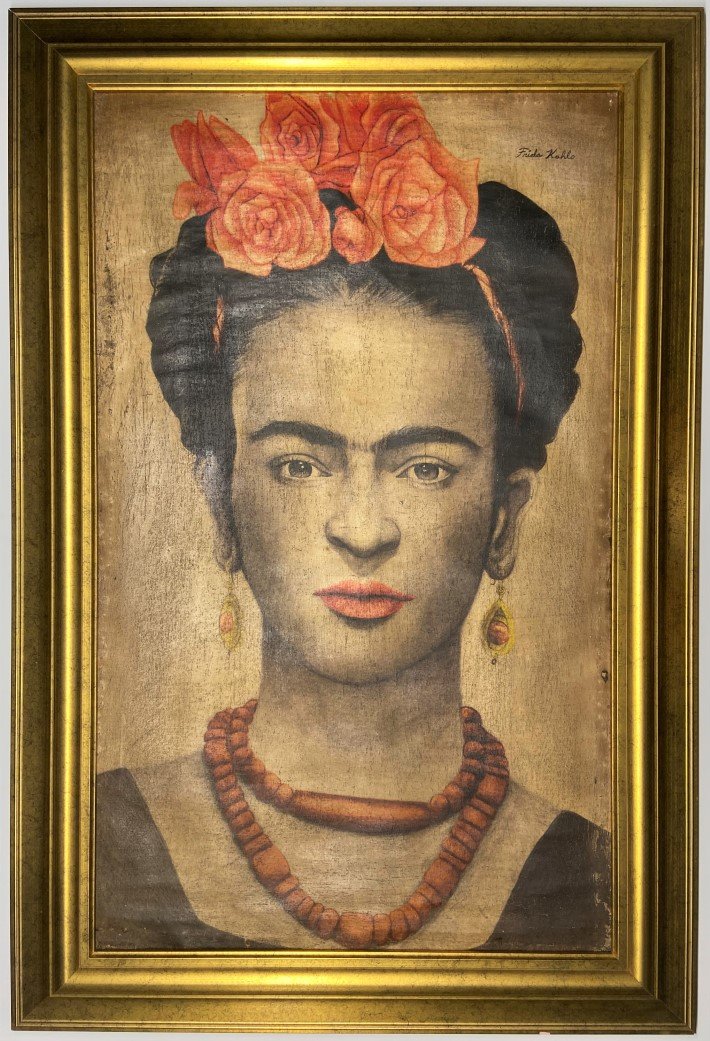 Frida Kahlo Oil on Canvas: Frida Kahlo appears in the upper right. Attribute to Frida Kahlo, this is not a print, is a unique piece.Technique: Oil Measures: Medium: Canvas Image size 20 x 16 Inches. Provenance: Private Collecti