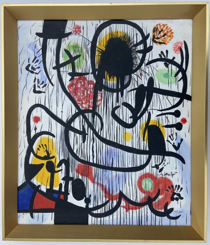 Joan Miro Oil on Canvas: Joan Miro appears in Lower Right. Attribute to Joan Miro, this is not a print, is a unique piece. Technique: Oil Measures: inches Image size Medium: Canvas. Provenance: Private Collection. Lived betwe