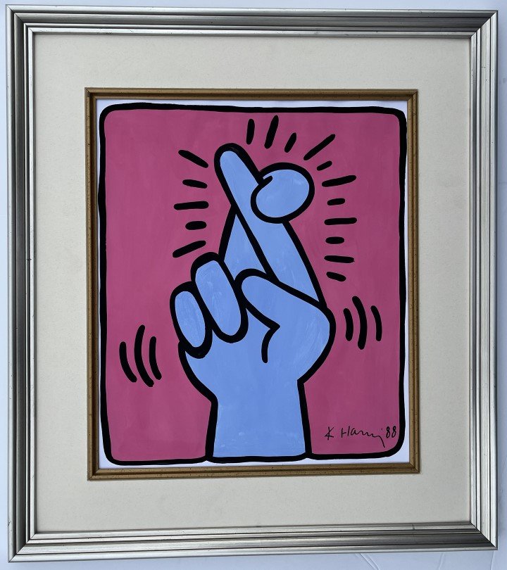 Keith Haring Mixed Media: Keith Allen Haring appears in lower right. Attribute to Keith Allen Haring, this is not a print, is a unique piece. Technique Mixed Media Measures: 13.5 x 11 inches Image size Medium: Paper. Provenanc