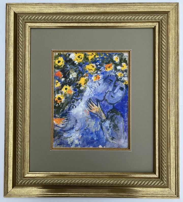 Marc Chagall Gouache on paper: Marc Chagall appears in lower left. Attribute to Marc Chagall, this is not a print, is a unique piece. Technique: Gouache Media Measures: 12.5 x 10 inches Image size Medium: Paper. Provenance: Private