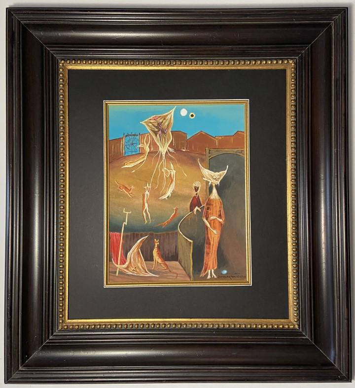 Leonora Carrington Watercolor: Leonora Carrington appears in lower right. Attribute to Leonora Carrington, this is not a print, is a unique piece. Technique: Watercolor Measures: 14 x 10.75 inches Image size Medium: on paper. Prove