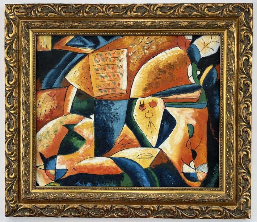 Wassily Kandinsky Oil on Canva: Wassily Kandinsky appears in lower center/left. Attribute to Wassily Kandinsky Technique: Oil Measures: 24 x 20 inches Image size Medium: Canva. Provenance: Private Collection. Wassily Wassilyevich Ka