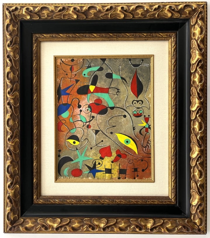 Joan Miro Mixed Media/Watercolor: Joan Miro appears in Lower right. Attribute to Joan Miro this is not a print, is a unique piece. Technique: Watercolor Measures: 26 x 23 inches frame size and 14 x 10.50 inches Image size Medium: pape