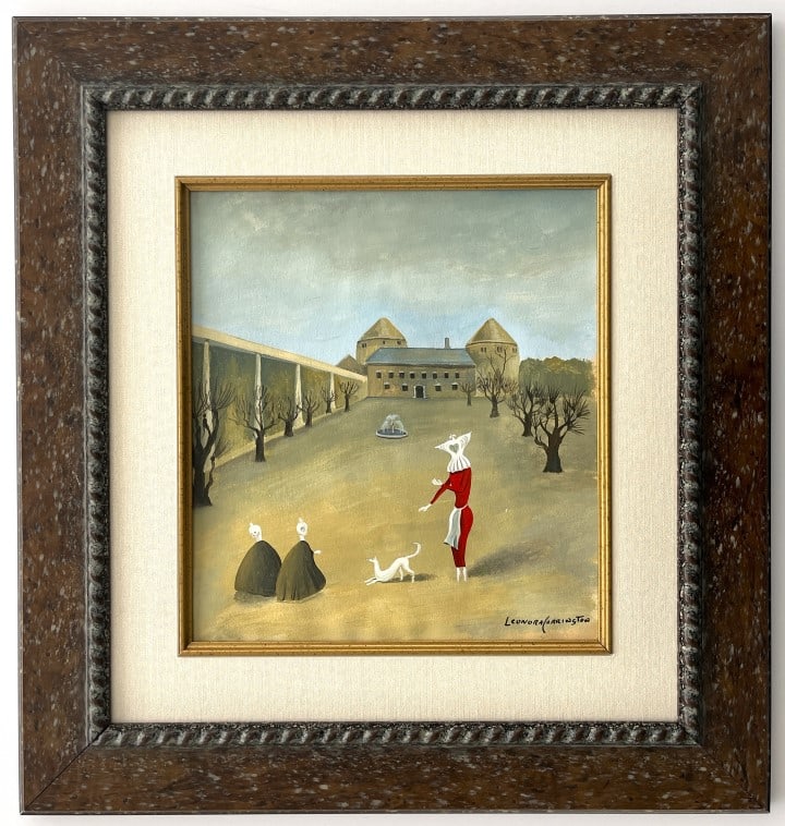 Leonora Carrington Watercolor/Gouache: Leonora Carrington appears in lower right. Attribute to Leonora Carrington, this is not a print, is a unique piece. Technique: Watercolor Measures: 12 x 11 Image size 21 X 19 inches frame size Medium: