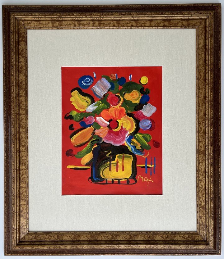 Peter Max Mixed Media Attrib.: Peter Max appears in Lower right. Attribute to Peter Max Technique: Mixed Media Measures: 15 x 12 inches Image size and 30 x 26 french size Medium: paper. Provenance: Private Collection. Lived between