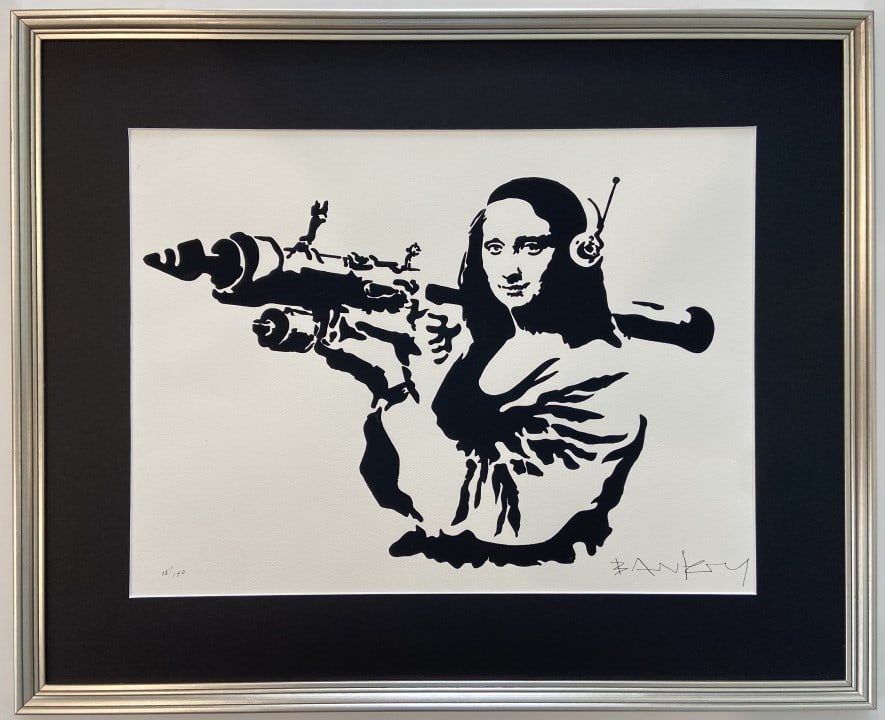 Banksy Lithograph: Banksy appears in upper right. Attribute to Banksy Technique: Lithograph Measures: inches Image size Medium: paper. Provenance: Private Collection. Born July 28, 1974 Banksy is a pseudonymous England-