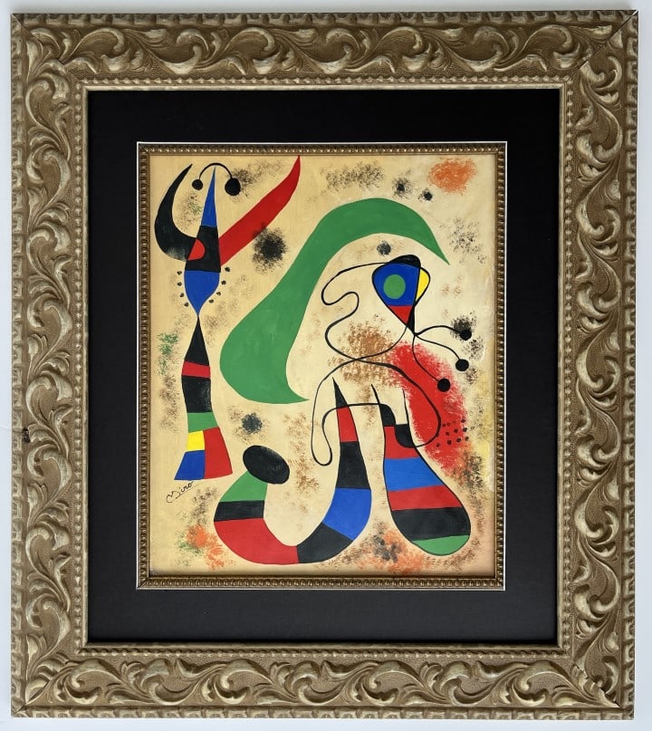 Joan Miro Watercolor: Joan Miro appears in Lower Center. Attribute to Joan Miro this is not a print, is a unique piece. Technique: Watercolor Measures: 13.25 x 11 inches Image size and 23 x 20 inches Frame size Medium: pap