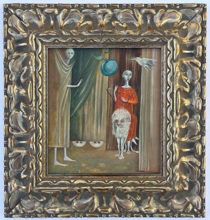 Leonora Carrington Watercolor/Gouache: Leonora Carrington appears in lower left. Attribute to Leonora Carrington, this is not a print, is a unique piece. Technique: Watercolor Measures: 11 X 10 inches Image size and Frame size 20 X 18 inch