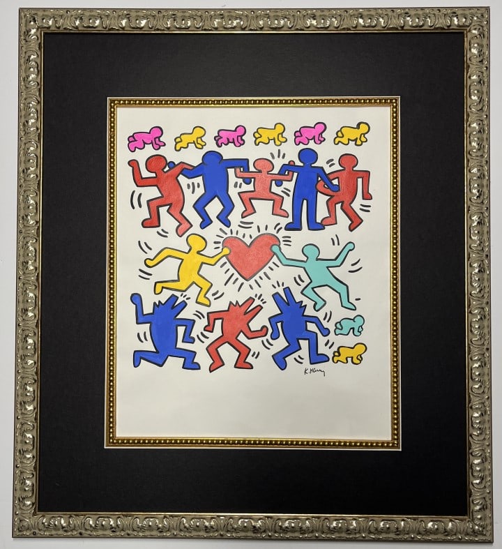Keith Haring Mixed Media: Keith Allen Haring appears in lower right. Attribute to Keith Allen Haring Technique Mixed Media Measures: 14.50 x 12 inches Image size and Frame size 22.50 x 20 Medium: Paper. Provenance: Private Col