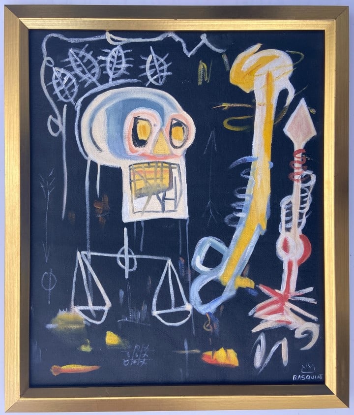 Jean Michel Basquiat Oil on canva: Jean Michel Basquiat appears in lower right. Attribute to Jean Michel Basquiat Technique: Oil Measures: 16.5 x 19.5 inches Image size Medium: Canvas Provenance: Private Collection. Lived between (Dec1