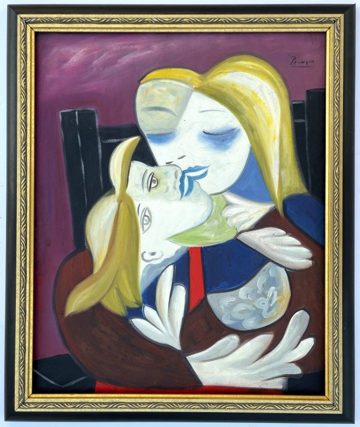 Pablo Picasso Oil on Canva: Pablo Ruiz Picasso appears in upper right corner. Attribute to Pablo Ruiz Picasso Technique: Oil Measures: 22.50 x 19 inches Frame size and 19.50 x 16 inches Image size Medium: Canva. Provenance: Priv