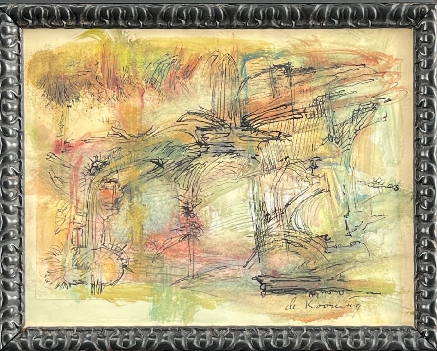 Willem de Kooning Watercolor/Mixed Media: Willem de Kooning appears in Lower right. Attribute to Willem de Kooning this is not a print, is a unique piece. Technique: Mixed Media Measures: 12.75 x 11.75 inches Image size Medium: paper. Provena